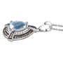 side view of aquamarine champagne and white diamond halo necklace in rhodium over sterling silver
