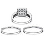 back view of blue and white diamond three ring set in rhodium over sterling silver