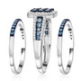 side view of blue and white diamond three ring set in rhodium over sterling silver