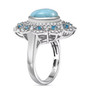 side view of larimar neon apatite and white zircon halo ring in rhodium over sterling silver