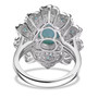 back view of larimar neon apatite and white zircon halo ring in rhodium over sterling silver