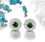close up of chrome diopside and white zircon round halo studs in rhodium over sterling silver