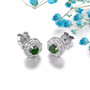 full view of chrome diopside and white zircon round halo studs in rhodium over sterling silver