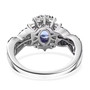 back view of tanzanite blue sapphire and zircon halo ring in rhodium over sterling silver