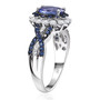 side view of tanzanite blue sapphire and zircon halo ring in rhodium over sterling silver
