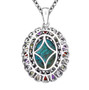 back view of shadowkite and multi gemstone oval halo pendant necklace in rhodium over sterling silver