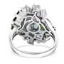 full view of opal and chrome diopside grandidierite and zircon flower cluster ring in rhodium over sterling silver