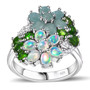 opal and chrome diopside grandidierite and zircon flower cluster ring in rhodium over sterling silver