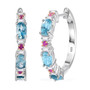 blue zircon pink sapphire and moissanite hoop earrings in rhodium over sterling silver