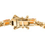 clasp detail of fire opal blue sapphire and moissanite tennis bracelet in 18k yellow gold over sterling silver