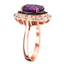 side view of amethyst blue and white diamond double halo ring in 18k rose gold over sterling silver