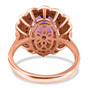 back view of amethyst blue and white diamond double halo ring in 18k rose gold over sterling silver