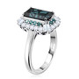 side view of indicolite tourmaline paraiba tourmaline and diamond double halo ring in 950 platinum