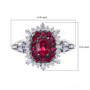 rubellite tourmaline and moissanite halo ring in rhodium over sterling silver shown for size comparison