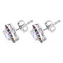 side view of moissanite and multi color sapphire halo studs in rhodium over sterling silver