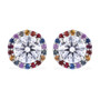 moissanite and multi color sapphire halo studs in rhodium over sterling silver