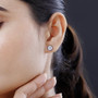 moissanite and multi color sapphire halo studs in rhodium over sterling silver worn on the ear