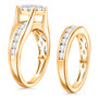 side view of natural white diamond halo bridge wedding ring set in 14k yellow gold