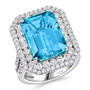 front view of aquamarine and emerald cut diamond halo ring in 950 platinum