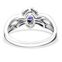 back view of tanzanite and moissanite halo split shank ring in rhodium over sterling silver