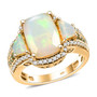 ethiopian opal tsavorite garnet and zircon three stone ring in 18k yellow gold over sterling silver