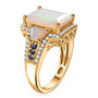 side view of ethiopian opal ceylon sapphire and zircon three stone ring in 18k yellow gold over sterling silver