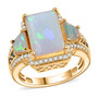 ethiopian opal ceylon sapphire and zircon three stone ring in 18k yellow gold over sterling silver