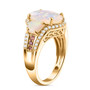 side view of ethiopian opal rubellite tourmaline and zircon three stone ring in 18k yellow gold over sterling silver