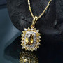 yellow zircon yellow sapphire and white zircon cushion halo necklace in 18k yellow gold over sterling silver shown in a lifestyle photo