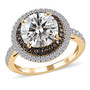 moissanite and champagne diamond round double halo ring in 10k yellow gold
