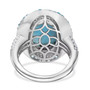 back view of oval larimar neon apatite and white zircon halo ring in rhodium over sterling silver