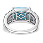 back view of larimar neon apatite and white zircon halo ring in rhodium over sterling silver