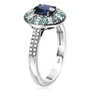 side view of ceylon blue sapphire paraiba tourmaline and diamond oval halo ring in 950 platinum
