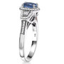 side view of ceylon blue sapphire and diamond ring with padparadscha accents in 10k white gold
