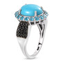 side view of turquoise neon blue apatite and black spinel oval halo ring in rhodium over sterling silver