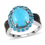 turquoise neon blue apatite and black spinel oval halo ring in rhodium over sterling silver