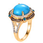 side view of turquoise neon blue apatite and brown zircon halo ring in 18k yellow gold over sterling silver