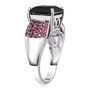 side view of black spinel and rhodolite garnet ring in rhodium over sterling silver