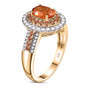 side view of spessartine garnet padparadscha sapphire and diamond halo ring in 10k yellow gold