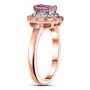 side view of kunzite pink sapphire and moissanite oval double halo ring in 18k rose gold over sterling silver