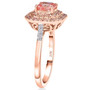 side view of lab pink and white diamond asscher cut double halo ring in 10k rose gold