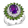 amethyst chrome diopside and zircon double halo ring in rhodium over sterling silver