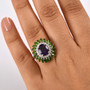 amethyst chrome diopside and zircon double halo ring in rhodium over sterling silver worn on a hand