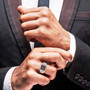 anthill garnet and moissanite gents ring in rhodium over sterling silver worn on a hand