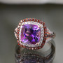 amethyst brown and white zircon double halo ring in 18k rose gold over sterling silver shown in a lifestyle photo