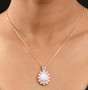 ethiopian opal pink sapphire and moissanite pendant necklace in 18k rose gold over sterling silver worn around the neck