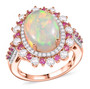 ethiopian opal pink sapphire and moissanite halo ring in 18k rose gold over sterling silver