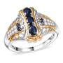 sapphire and moissanite three stone filigree ring in 18k yellow gold and rhodium over sterling silver