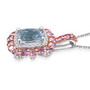 side view of aquamarine pink sapphire and zircon halo pendant necklace in 18k rose gold and rhodium over sterling silver