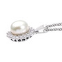 side view of freshwater pearl and white zircon halo pendant necklace in rhodium over sterling silver